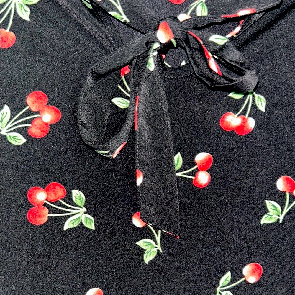 Allegra K Cherry Print Bow Tie Short Sleeve Black Chiffon Blouse | M - Picture 5 of 7